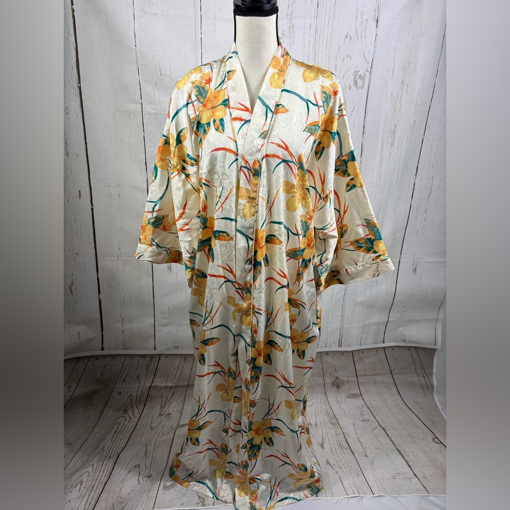 Vintage Valerie Stevens Lily Floral Satin Kimono Robe Long - Picture 2 of 8